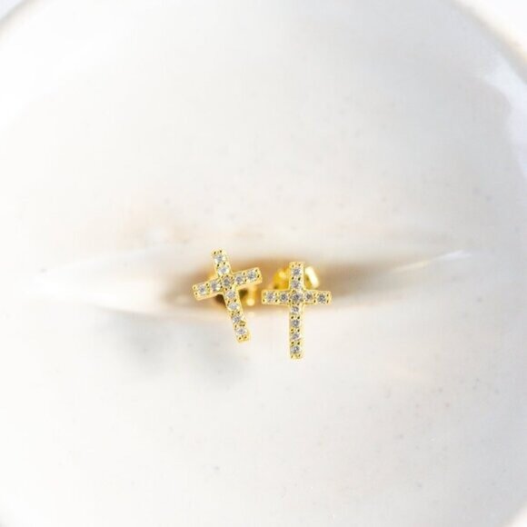 Dainty Cross Stud Earrings Pave CZ "Diamonds" Cross Studs Faith Jewelry Gift - Picture 1 of 11